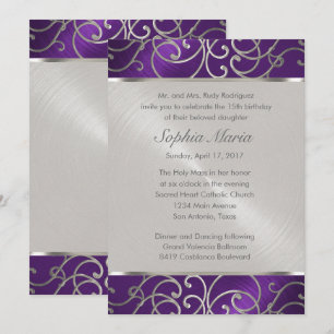 Quinceanera Purple and Silver Filigree Swirls Invitation