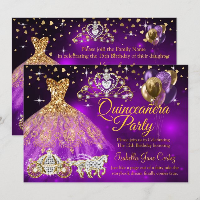 Quinceanera Purple Balloons Dress Tiara Carriage Invitation (Front/Back)
