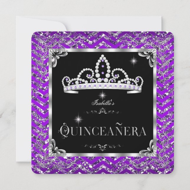 Quinceanera Purple Black Silver Diamond Tiara Invitation (Front)