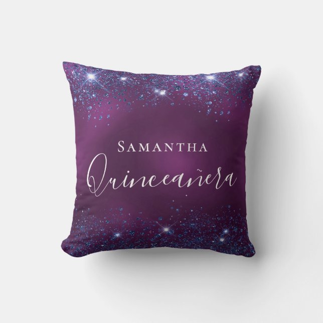 Quinceanera purple blue glitter dust name throw pillow (Front)