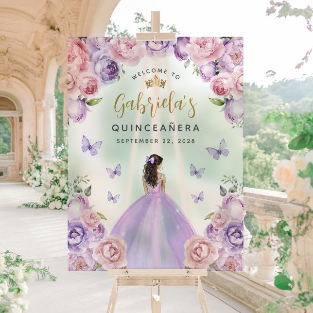 Quinceañera Purple Blush Gold Floral Bienvenue (Créateur téléchargé)