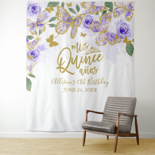Quinceanera Purple Butterflies Floral Backdrop Tapestry