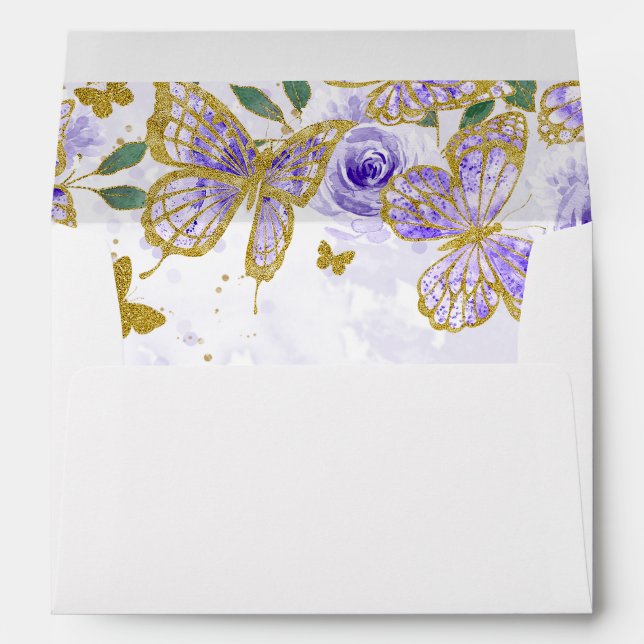 Quinceanera Purple Butterfly Floral Envelope (Back (Bottom))