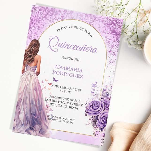 Quinceañera Purple Dress Floral Arch Butterflies Invitation (lavender purple roses and quinceanera dress)