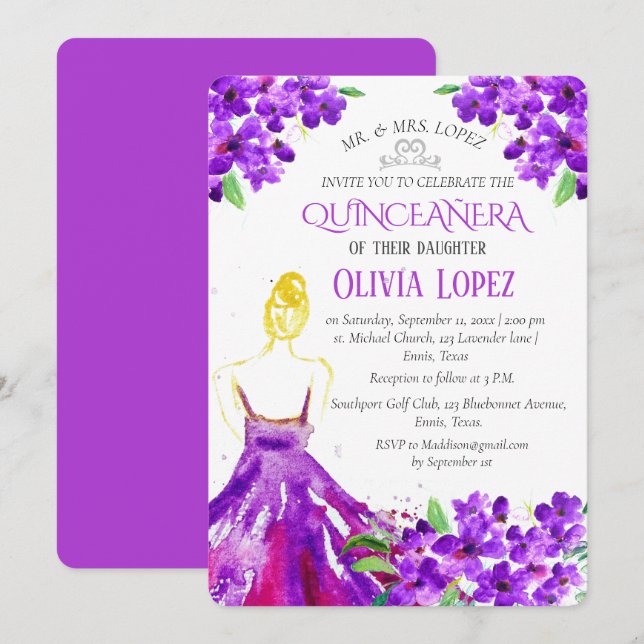 Quinceañera Purple Floral 15th Birthday  Invitation (Front/Back)