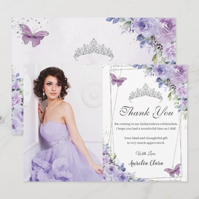 Quinceañera Purple Floral Butterflies 16 Thank You Invitation (Front/Back)