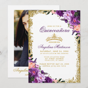 Quinceanera Purple Floral Crown Glitter Photo Back Invitation