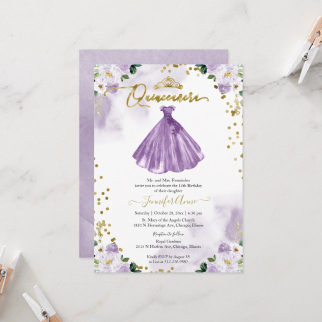 Quinceanera Purple Floral Dress Invitation (Front/Back In Situ)