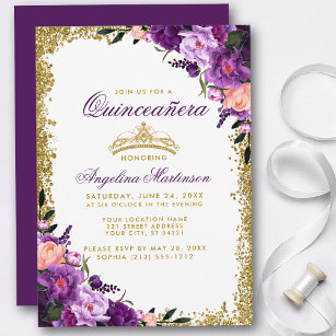 Quinceanera Purple Floral Gold Crown Glitter Invitation
