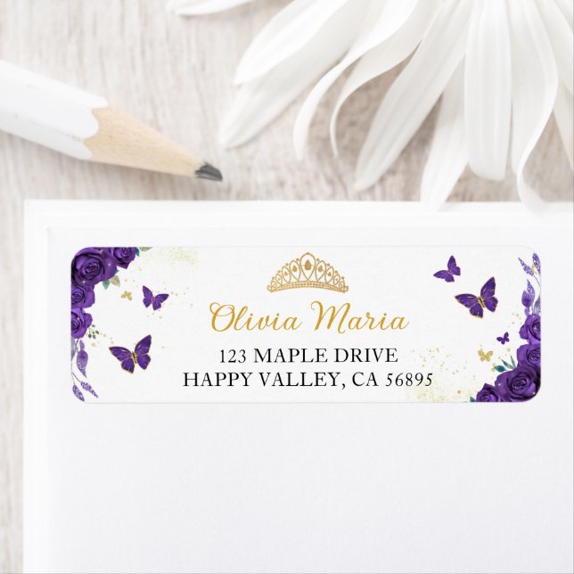 Quinceañera Purple Floral Papillons Adresse (En situation)