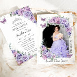 Quinceañera Purple Floral Roses Butterflies Photo  Invitation<br><div class="desc">Personalize this lovely quinceañera invitation with own wording easily and quickly,  simply press the customize it button to further re-arrange and format the style and placement of the text.  Matching items available in store!  (c) The Happy Cat Studio</div>