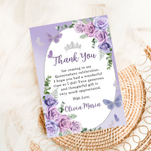 Quinceañera Purple Floral Tiara Thank You Card