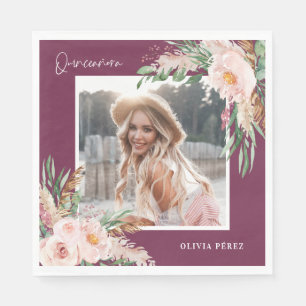 Quinceañera purple girly floral photo birthday napkin