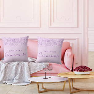 Quinceanera purple glitter drops monogram throw pillow