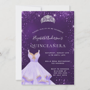 Quinceanera purple glitter dust dress tiara invitation