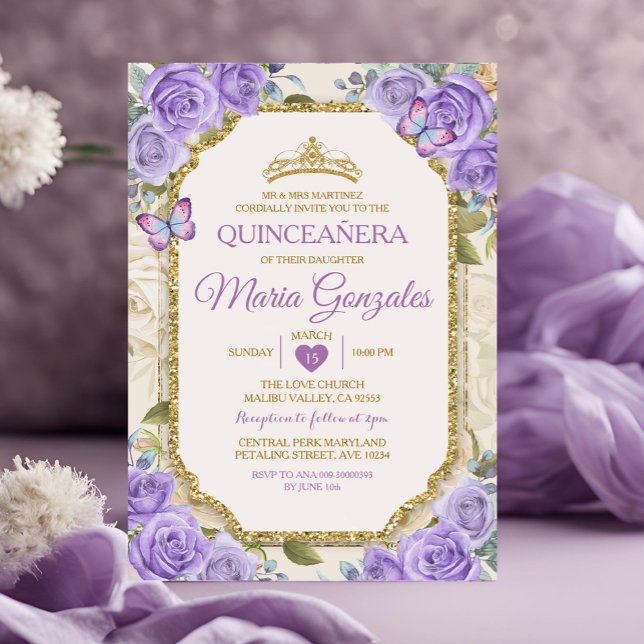 Quinceañera Purple & Gold Crown Mexican Butterfly Invitation (Creator Uploaded)