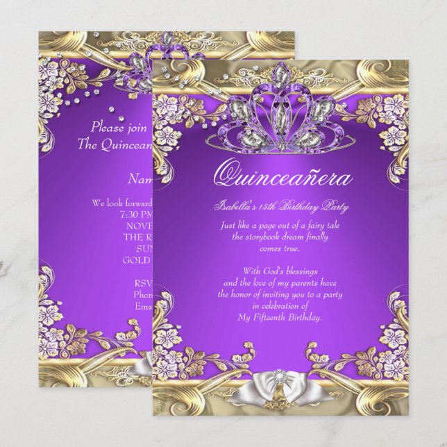 Quinceanera Purple Gold White 15th Birthday Party Invitation (Front/Back)