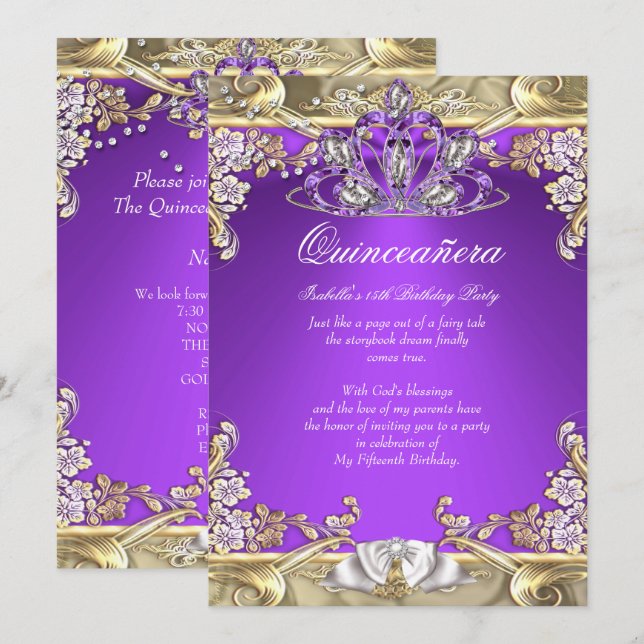 Quinceanera Purple Gold White 15th Birthday Party Invitation (Front/Back)