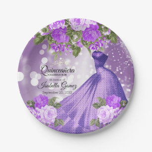 Quinceañera Purple Gown and Flowers Paper Plate