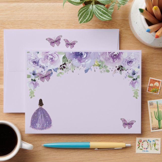 Quinceañera Purple Lilac Floral Butterflies  Envelope (Desk)