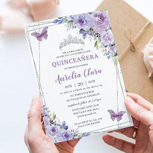 Quinceañera Purple Lilac Floral Butterflies Silver Invitation