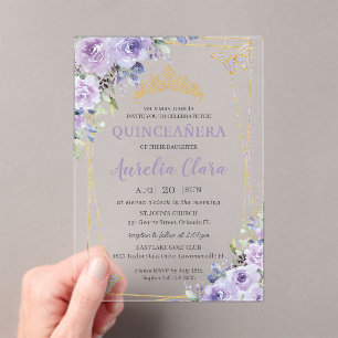 Quinceañera Purple Lilac Floral Butterflies Tiara Acrylic Invitations