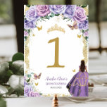 Quinceañera Purple Lilac Floral Gold Girl Dress  Table Number<br><div class="desc">Personalize this lovely table number card with your own wording easily and quickly. Simply click the Edit Using Design Tools button to further edit the text, wording, font style, font size, font colour, add more text, move or remove some images. The butterflies, quince girl and crown are movable, resizable, multipliable...</div>