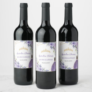 Quinceañera Purple Lilac Floral Princess Gown Gold Wine Label