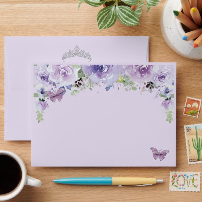 Quinceañera Purple Lilac Floral Silver Butterflies Envelope (Desk)