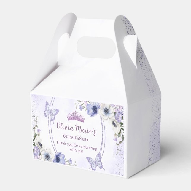 Quinceañera Purple Lilac Floral Tiara Butterflies  Favor Box (Front Side)
