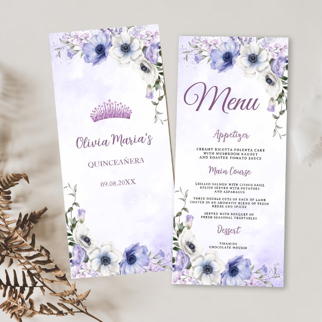 Quinceañera Purple Lilac Floral Tiara Butterflies  Menu (Creator Uploaded)