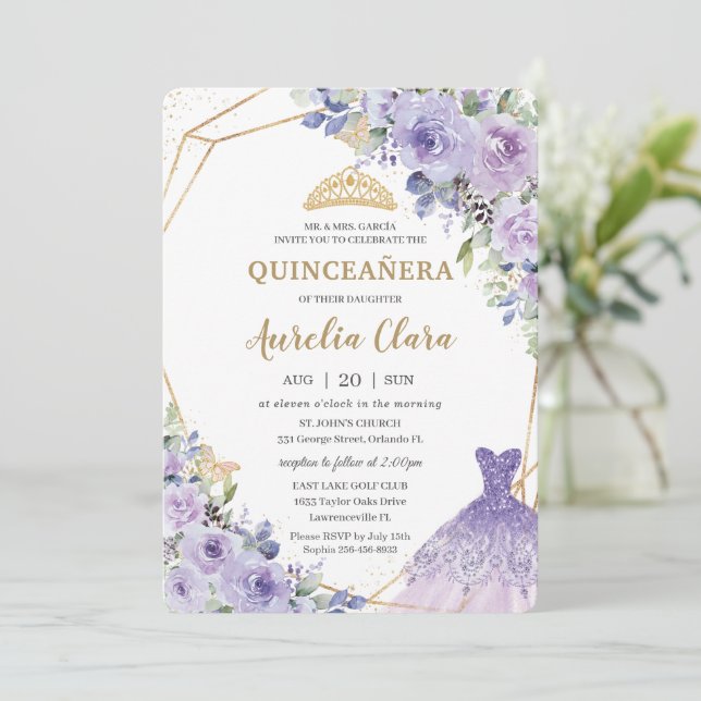 Quinceañera Purple Lilac Floral Tiara Princess  Invitation (Standing Front)