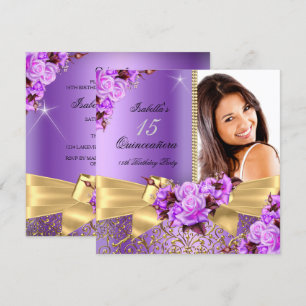 Quinceanera Purple Photo Gold Rose 15th Birthday Invitation