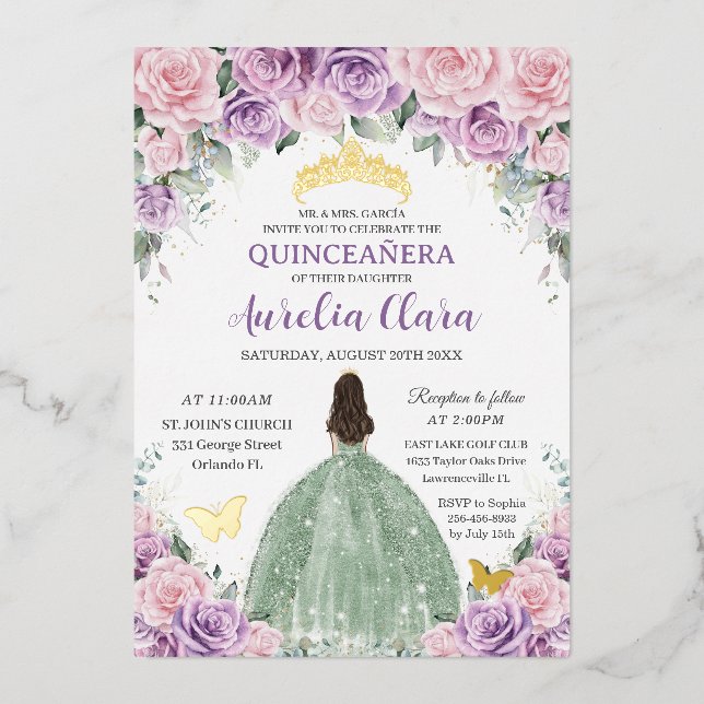 Quinceañera Purple Pink Floral Sage Green Dress (Front)