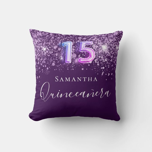 Quinceanera purple pink glitter dust monogram throw pillow (Front)
