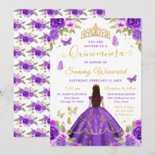 Quinceañera Purple Princess Brunette Girl Invitation