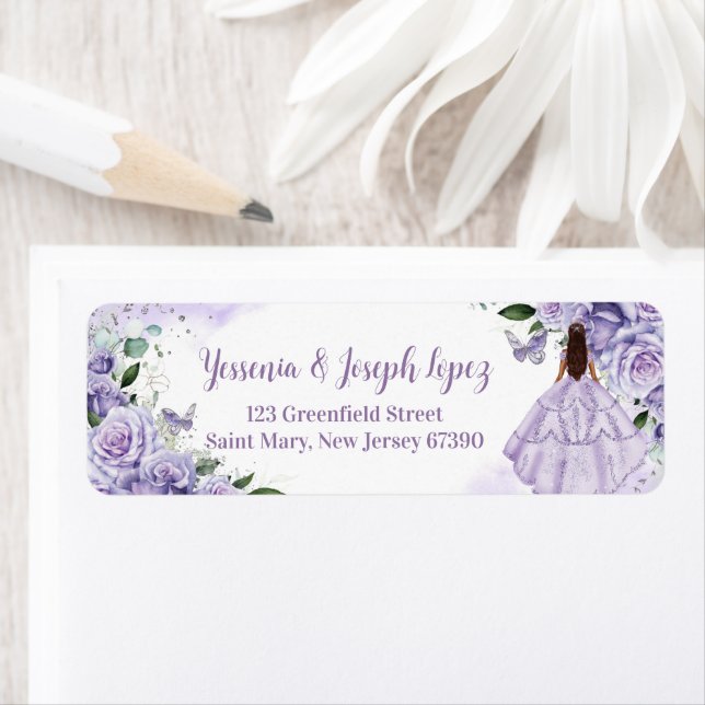 Quinceañera Purple Roses Floral Adresse de retour (En situation)