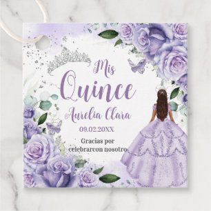 Quinceañera Purple Roses Floral Silver Princess Favour Tags