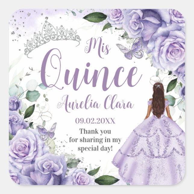 Quinceañera Purple Roses Floral Silver Princess Square Sticker (Front)