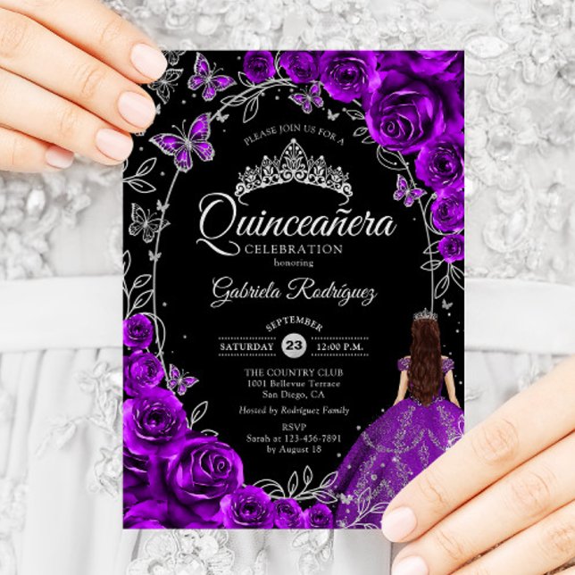 Quinceanera Purple Silver Floral Invitation (Creator Uploaded)