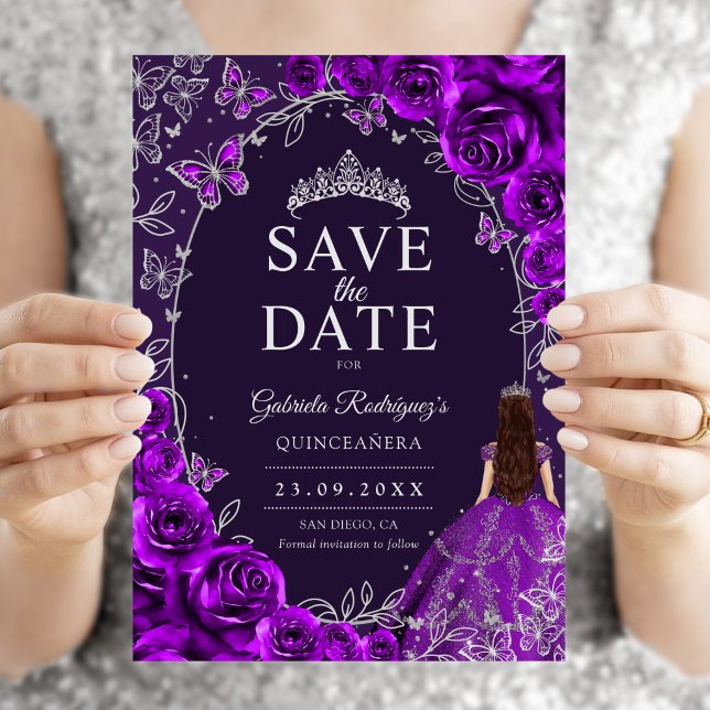 Quinceanera Purple Silver Save The Date (Creator Uploaded)