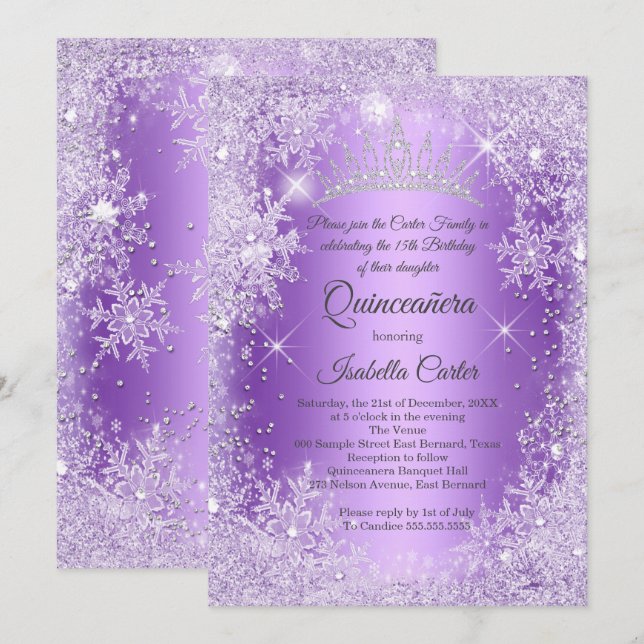 Quinceanera Purple Snowflake Winter Wonderland Invitation (Front/Back)