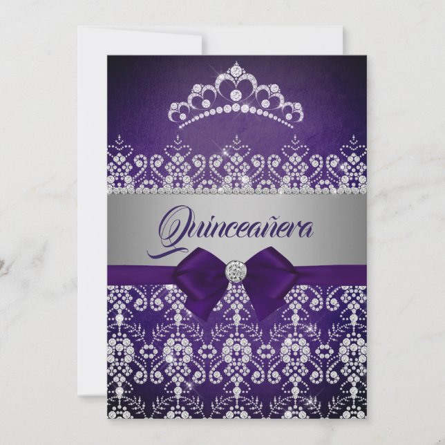 Quinceanera Purple Sparkle Diamond Tiara Bow Invitation (Front)