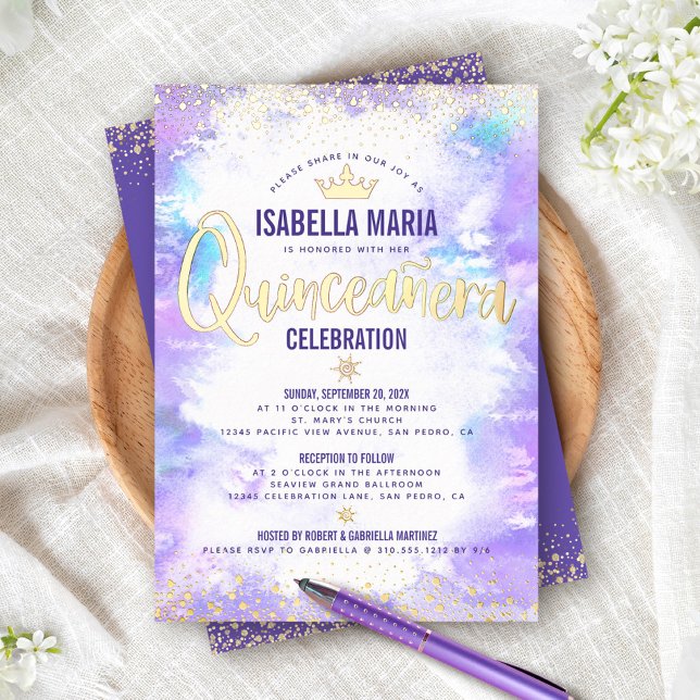 Quinceañera Purple Watercolor Chic Crown Real Gold (Creator Uploaded)