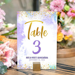 Quinceañera Purple Watercolor Gold Glitter Script Table Number