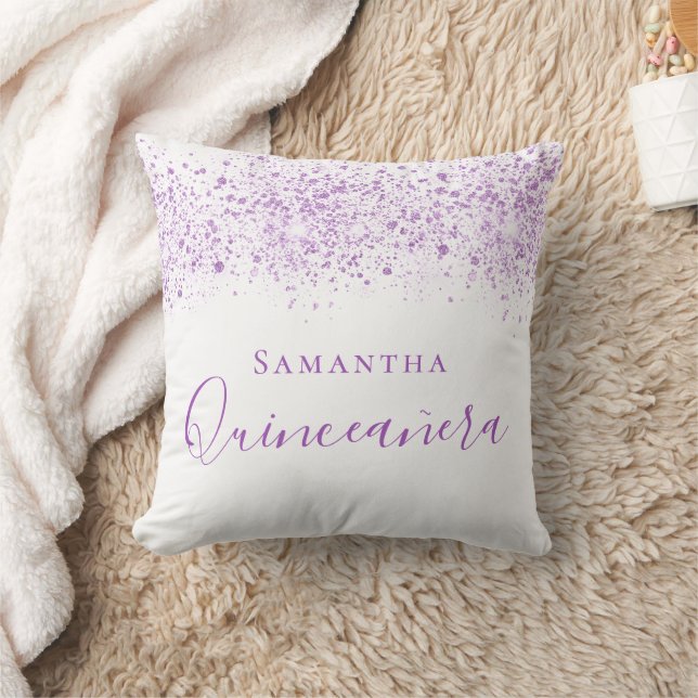 Quinceanera purple white name script throw pillow (Blanket)