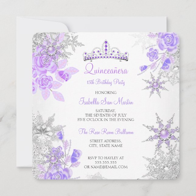 Quinceanera Purple Winter Wonderland Snowflake Invitation (Front)