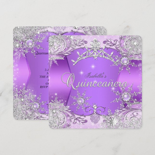 Quinceanera Purple Winter Wonderland Snowflakes Invitation (Front/Back)