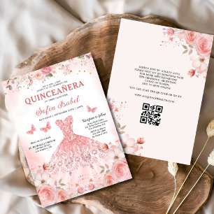 Quinceañera QR Code Blush Pink Rose Floral  Invitation