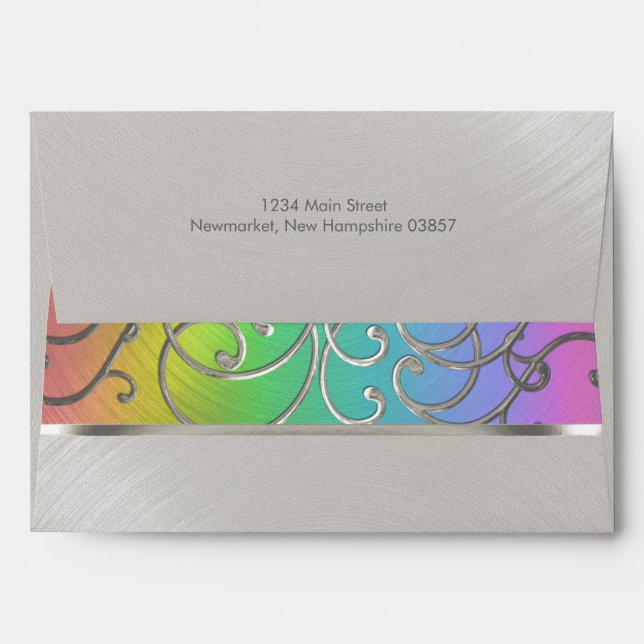 Quinceanera Rainbow and Silver Filigree Swirls Envelopes (Back (Top Flap))